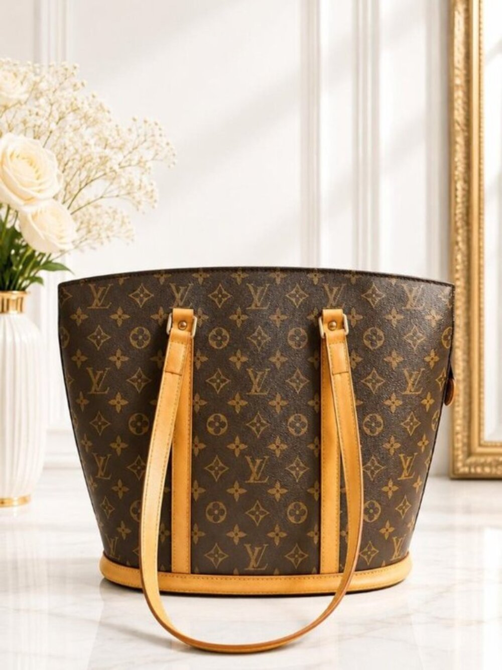 Authentic Louis Vuitton Babylone Monogram Canvas Shoulder Tote Bag Brown Leather